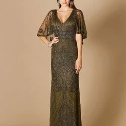 Lara 29356 - Cape Sleeve V-Neck Beaded Gown