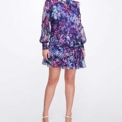 Marchesa Notte Long Sleeve Printed Chiffon Mini Dress - Purple