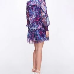 Marchesa Notte Long Sleeve Printed Chiffon Mini Dress - Purple -ANNA-KACI SHOP M00193461401681 2832117362
