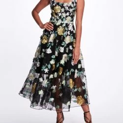 Marchesa Notte Embroidered Floral Tea Length Gown - Black