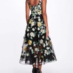 Marchesa Notte Embroidered Floral Tea Length Gown - Black -ANNA-KACI SHOP M00193461451099 2575138837