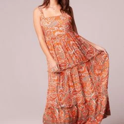 B.O.G. Collective Alejandra Orange Paisley Tiered Maxi Dress - Orange/Ivory