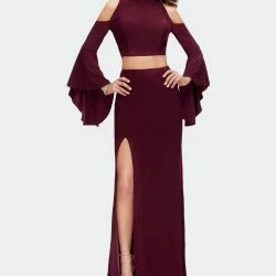 La Femme Ong Two Piece Dress With Cold Shoulders And Bell Sleeves