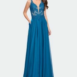 La Femme Chiffon A-line Dress With Beaded Lace Bodice