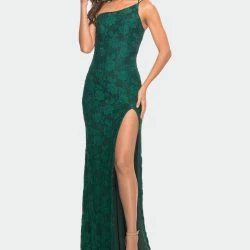 La Femme One Shoulder Long Lace Prom Dress With Open Back