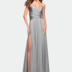 La Femme Simple Strapless Jersey Dress With High Slit