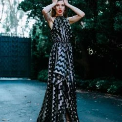 Lahive MARCELLA Black And Gold Zig Zag Halter Dress -ANNA-KACI SHOP M00197094445210 3181350202