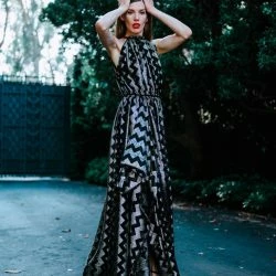 Lahive MARCELLA Black And Gold Zig Zag Halter Dress -ANNA-KACI SHOP M00197094445210 3665536728