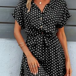 Anna-Kaci Womens Casual Dress Short Sleeves Button Up Polka Dot Printed Tie Waist Mini Dresses