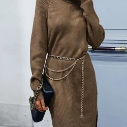 Anna-Kaci Turtleneck Ribbed Slit Sweater Dress