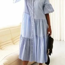 Anna-Kaci Striped Collared Maxi Dress - Light Blue -ANNA-KACI SHOP M00720073556067 2132989406