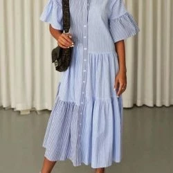 Anna-Kaci Striped Collared Maxi Dress - Light Blue