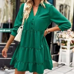 Anna-Kaci Collared V Neck Tiered Dress