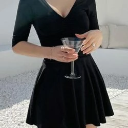 Anna-Kaci Deep V Half Sleeve Circle Dress One-Piece