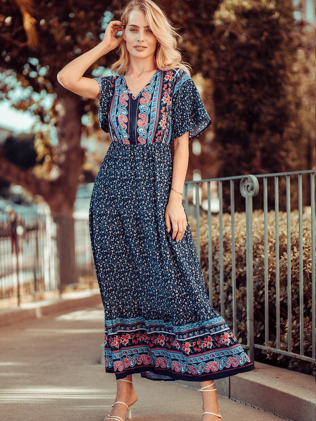 Anna-Kaci Boho Flared Sleeve Paisley Maxi Dress 1 Anna-Kaci Boho Flared Sleeve Paisley Maxi Dress