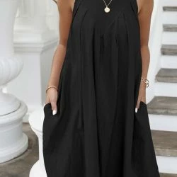 Anna-Kaci Halter Neck Pleated Shift Dress