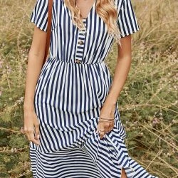 Anna-Kaci V Neck Striped Print Dress -ANNA-KACI SHOP M00762501271326 355270435