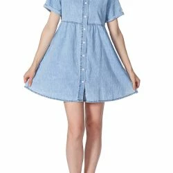 Anna-Kaci Women's Denim Shirt Dress Collared Button Down Tunic