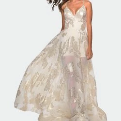 La Femme Sheer Floral Silk Burnout Prom Dress With Shorts