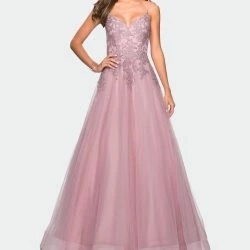 La Femme Tulle Prom Gown With Floral Lace Embellishments