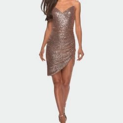 La Femme Short Asymmetrical Sequined Dress With V-neckline