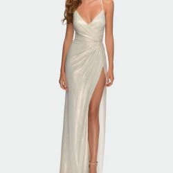 La Femme Ong Metallic Jersey Prom Dress With Knot Detail