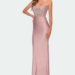 La Femme Jersey Prom Dress With Lace Bodice And Rhinestones