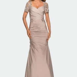 La Femme Satin Evening Dress With Lace And Scoop Neckline