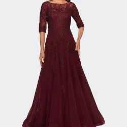 La Femme Ce And Tulle A-line Gown With Three Quarter Sleeves
