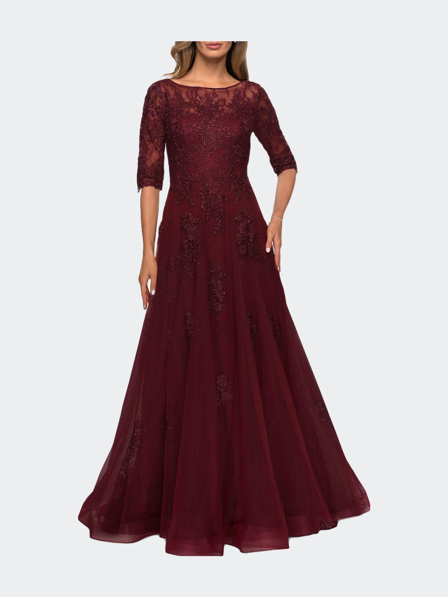 La Femme Ce And Tulle A-line Gown With Three Quarter Sleeves 1 La Femme Ce And Tulle A-line Gown With Three Quarter Sleeves