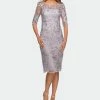 La Femme Tea Length Lace Gown With Three Quarter Sleeves