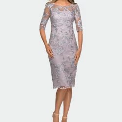La Femme Tea Length Lace Gown With Three Quarter Sleeves