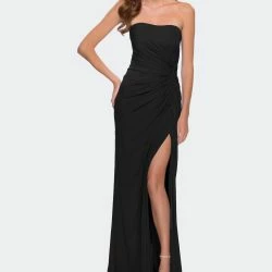 La Femme Strapless Jersey Dress With Ruching And Skirt Slit