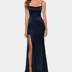 La Femme Itted Stretch Satin Dress With Scoop Back