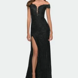 La Femme Ce Off The Shoulder Gown With Deep V Neckline