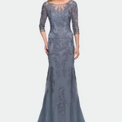 La Femme Tulle Gown With Lace Applique And Illusion Top