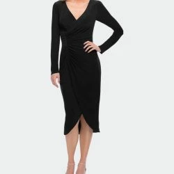 La Femme Ong Sleeve Knee Length Dress With Wrap Style Skirt
