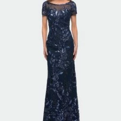 La Femme Ong Beaded Lace Dress With Sheer Neckline
