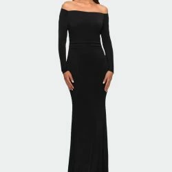 La Femme Ong Sleeve Off The Shoulder Jersey Evening Gown