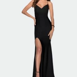 La Femme Orm Fitting Jersey Prom Dress With Draped Neckline