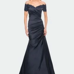 La Femme Off The Shoulder Satin And Lace Mermaid Pleated Gown