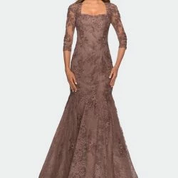 La Femme Ong Lace Mermaid Gown With Square Neckline