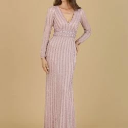 Lara Long Sleeve V-Neck Beaded Gown