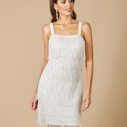 Lara 51025 - Short Beaded Fringe White Dress