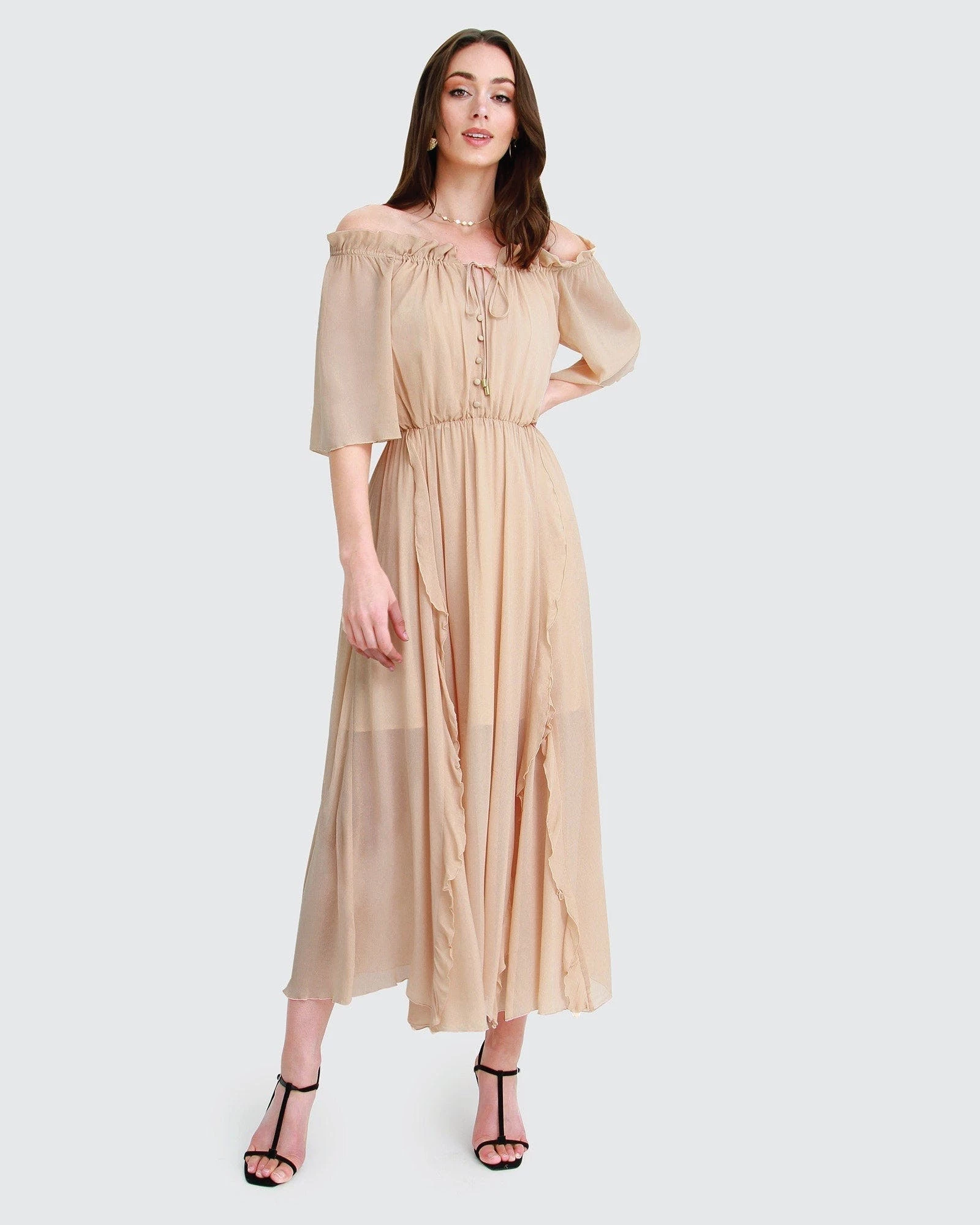 Belle & Bloom Amour Amour Ruffled Midi Dress - Sand 1 Belle & Bloom Amour Amour Ruffled Midi Dress - Sand
