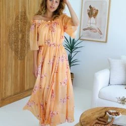 Belle & Bloom Amour Amour Ruffled Midi Dress - Peach Peonies -ANNA-KACI SHOP M09343608123513 556860007